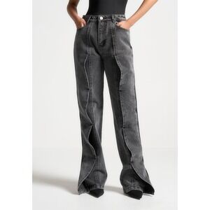Maniere De Voir Mae Wave Detail Straight Leg Jeans Grey Split Hem Denim Cinch 6
